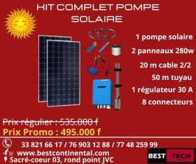 KIT DE POMPAGE SOLAIRE AU SENEGAL   		 Chers, client, Best continental vous propose ce KIT DE POMPAGE SOLAIRE immergé de 3.5m3 pour une profondeur de 50.
Le Kit est composé de :

•	-1 pompe solaire DE 3,5M3/H
•	-2 panneaux solaires de 280w
•	-20 m de câble 2x2
•	-50 m tuyau
•	-8 connecteurs
•	-1 régulateur de 30 A.

 ✅   PRIX PROMO : 495.000 F CFA

Service commercial : +221 33 821 66 17 / 76 883 85 11 / 76 9303 12 88
POUR PLUS DE PRODUITS, VEUILLEZ VISITER NOTRE SITE INTERNET : www.bestcontinental.com
BEST, L