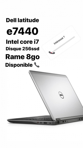 Dell latitude e7440 Dell latitude e7440 
Intel core i7 
Disque 256ssd 
Rame 8go 
Vendue avec facture et garantie livraison gratuite clé usb offert 
