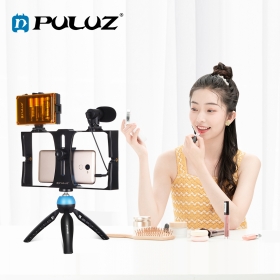 PULUZ 4 en 1 Vlogging Live Broadcast LED Selfie Light Smartphone Video Rig Kits avec Microphone + Trépied + Tête de Trépied Cold Shoe pour iPhone, Galaxy, Huawei, Xiaomi, HTC, LG, Google et Autres Smartphones (Bleu) 1. Il s