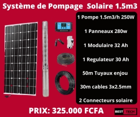 SYSTEME DE POMPAGE SOLAIRE AU SENEGAL 1,5M3/H SYSTEME DE POMPAGE SOLAIRE AU SENEGAL

Chers, client, Best continental vous propose ce KIT DE POMPAGE SOLAIRE immergé de 1.5m3/h 250w pour une profondeur de 50m , très pratique pour irrigation , forage , pompage ….
Le Kit est composé de :

• -1 pompe solaire 1,5M3/H 250W
• -1 panneaux solaires de 280w
• -1 régulateur de 30 Ah
• -1 Modulaire 32 Ah
• -30 m de câble 3x2.5mm
• -50 m tuyaux enjou
• -2 connecteurs
 PRIX PROMO : 325.000 F CFA

--------------------------------------------------------------------------
PRODUIT GARANTIE
LIVRAISON PARTOUT A DAKAR ET AU SENEGAL A VOS FRAIS
Service Commercial: 33 821 66 17 / 76 903 12 88 / 76 646 15 42