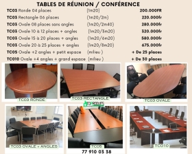 Tables de conférence promo St val Des tables de réunion à partir de 6 places disponibles en plusieurs dimensions et en différents modèle. À partir de 200.000fr. Le prix varie selon la dimension.

Livraison + Montage GRATUITS dans la ville de Dakar.

Contactez-nous pour plus d