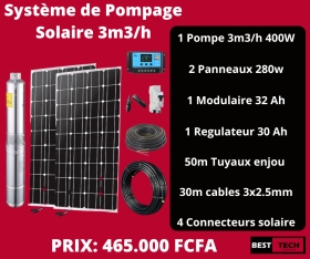 Kit de pompage solaire 3m3 SYSTEME DE POMPAGE SOLAIRE AU SENEGAL
Chers, client, Best continental vous propose ce KIT DE POMPAGE SOLAIRE immergé de 3m3/h 400w pour une profondeur de 50m , très pratique pour irrigation , forage , pompage ….
Le Kit est composé de :
• -1 pompe solaire 3M3/H 400W
• -2 panneaux solaires de 280w
• -1 régulateur de 30 Ah
• -1 Modulaire 32 Ah
• -30 m de câble 3x2.5mm
• -50 m tuyaux enjou
• -4 connecteurs
PRIX PROMO : 465.000 FCFA
LIVRAISON PARTOUT A DAKAR ET AU SENEGAL A VOS FRAIS.