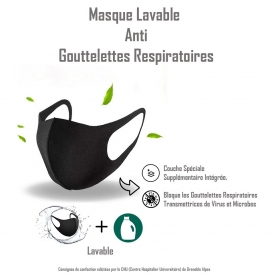 Masque Lavable et Réutilisable Anti Gouttelettes Respiratoires Réutilisable à condition de le nettoyer tous les jours à 30°C avec du détergent classique. 
Efficace que s
