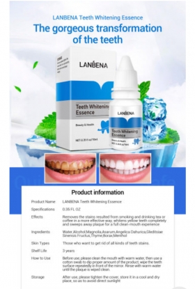 Lanbena liquide blanchissant dentaire LANBENA blanchiment des dents Essence poudre hygiène buccale nettoyage sérum enlève les taches blanchiment des dents. 