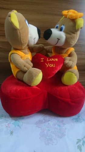 Couple de Nounours & Coussin Waouh!Voici Deux adorables ours Marron avec leurs Sublimes tenues de Couleurs Orange/Jaune qui se tiennent bras dessus dessous d