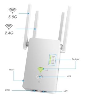 Répéteur wifi 1200Mbps Répéteur wifi 1200 Mbps, disposant de 4 antennes : 2,4 et 5Ghz. Vous pouvez surfez sans vous souciez de la qualité du réseau. Idéal pour maison et bureau.