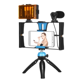 PULUZ 4 en 1 Vlogging Live Broadcast LED Selfie Light Smartphone Video Rig Kits avec Microphone + Trépied + Tête de Trépied Cold Shoe pour iPhone, Galaxy, Huawei, Xiaomi, HTC, LG, Google et Autres Smartphones (Bleu) 1. Il s