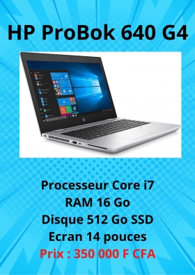 HP ProBook 640 G4 Processeur core i7
RAM 16 Go
Disque 512 Go SSD
Ecran 14 pouces
Slim