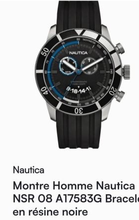 Montre Nautica homme NSR 08 A17583c Montre Nautica homme NSR 08 A17583c original acier argenté 
Bracelet resigne noir 
Aquatique profondeur 100M
