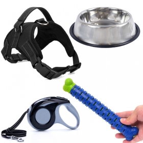 Pack accessoires pour petit chien Pack accessoires pour petit chien :
Une laisse rétractable de 5m pour 33kg
Un harnais couleur noir
Une gamelle inox anti-dérapant
Une brosse à dents jouet
