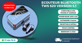 Écouteur bluetooth tws S20 version 5.1 Écouteur bluetooth tws S20 version 5.1 avec power bank intégré pour charger vos téléphones portables.
Compatible avec iphone et android.
Permet de prendre des appels téléphoniques.